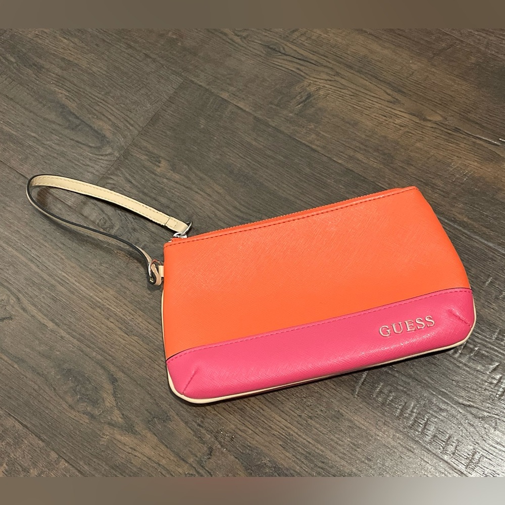 GUESS Orange and Pink Two-Tone Wristlet Clutch with Beige Strap